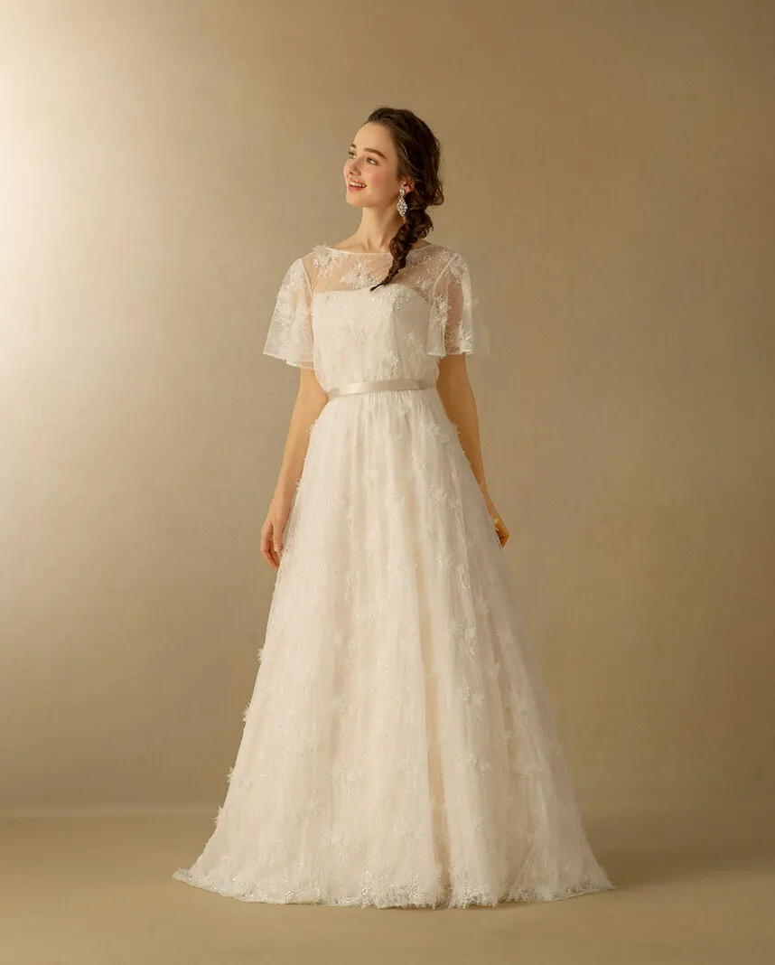 ---Abito da sposa A-line a mezze maniche in organza--