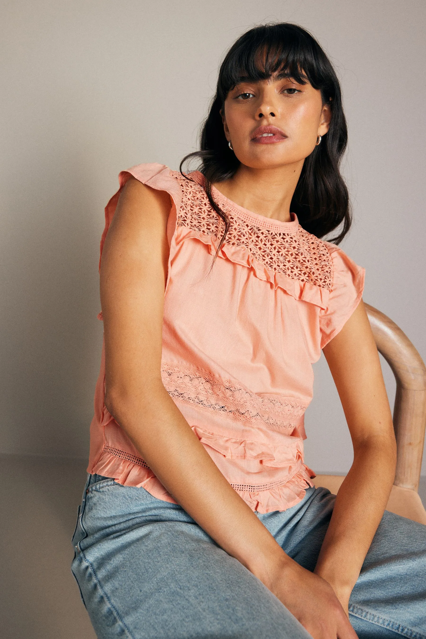 100% Cotton Frill Sleeve Lace Insert Summer Blouse    