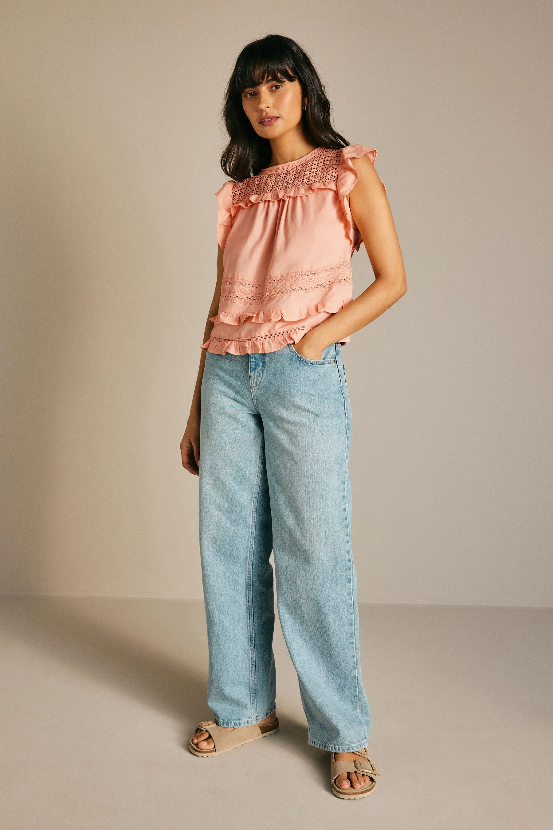 100% Cotton Frill Sleeve Lace Insert Summer Blouse    