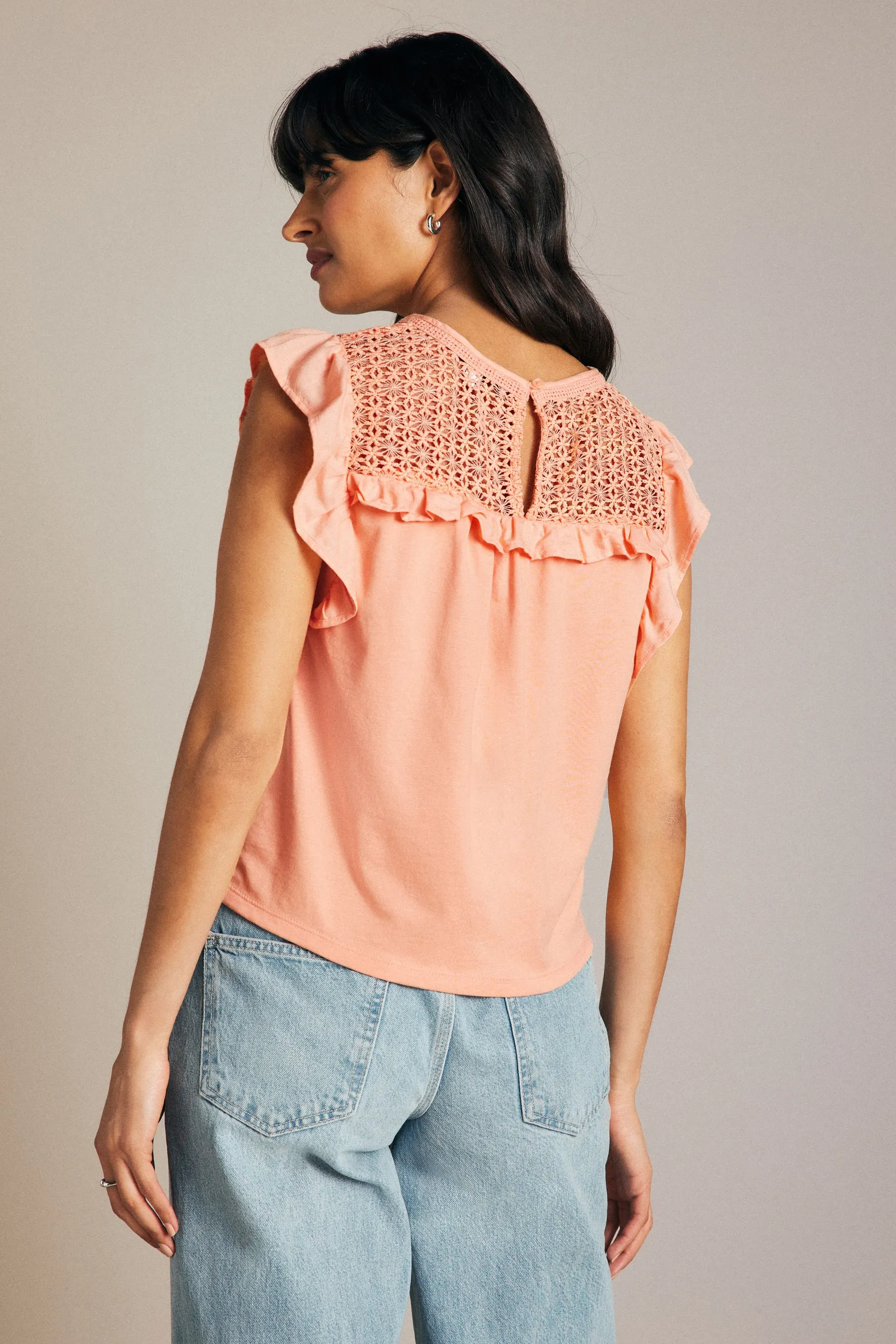 100% Cotton Frill Sleeve Lace Insert Summer Blouse    