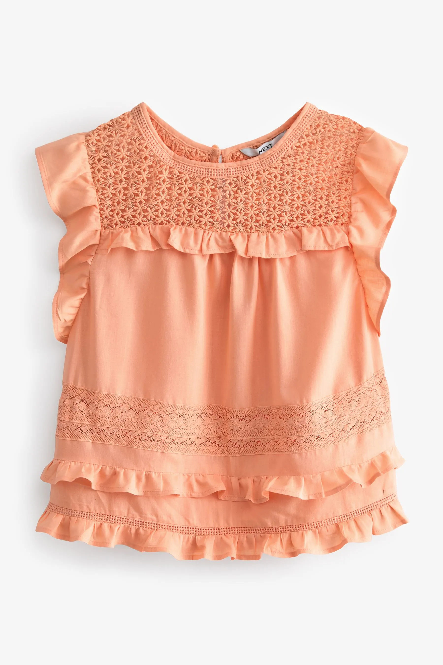 100% Cotton Frill Sleeve Lace Insert Summer Blouse    