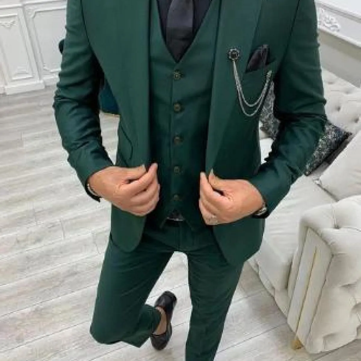 2022 Verde Picco Risvolto Slim Fit Abiti Da Uomo 3 Pezzi Smoking Terno Masculino Set Giacca Sposo Da Sposa Prom Costume Homme