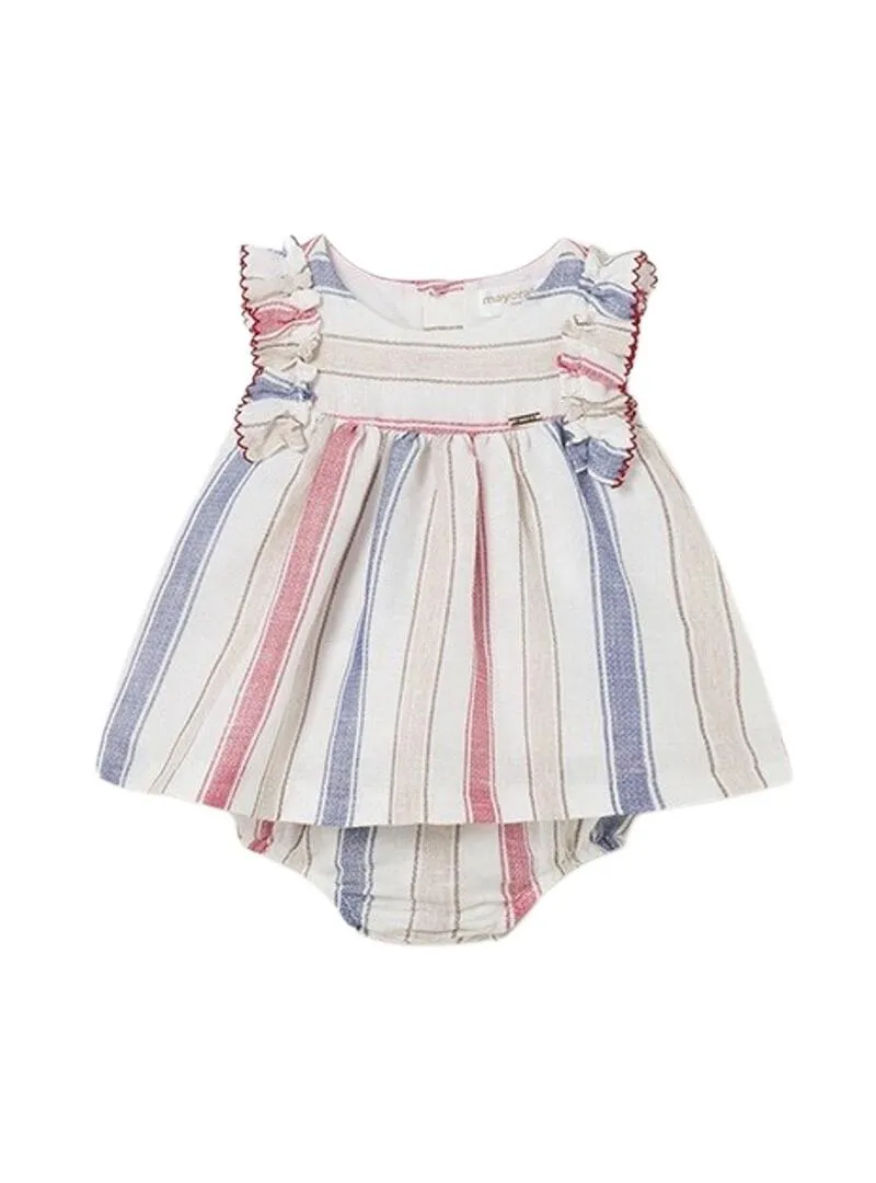 Abito Mayoral a righe in lino beige per bambini.