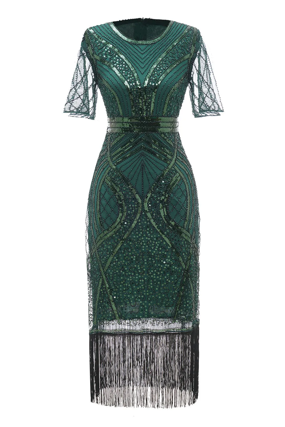 Abito verde scuro a maniche corte 1920 con frange