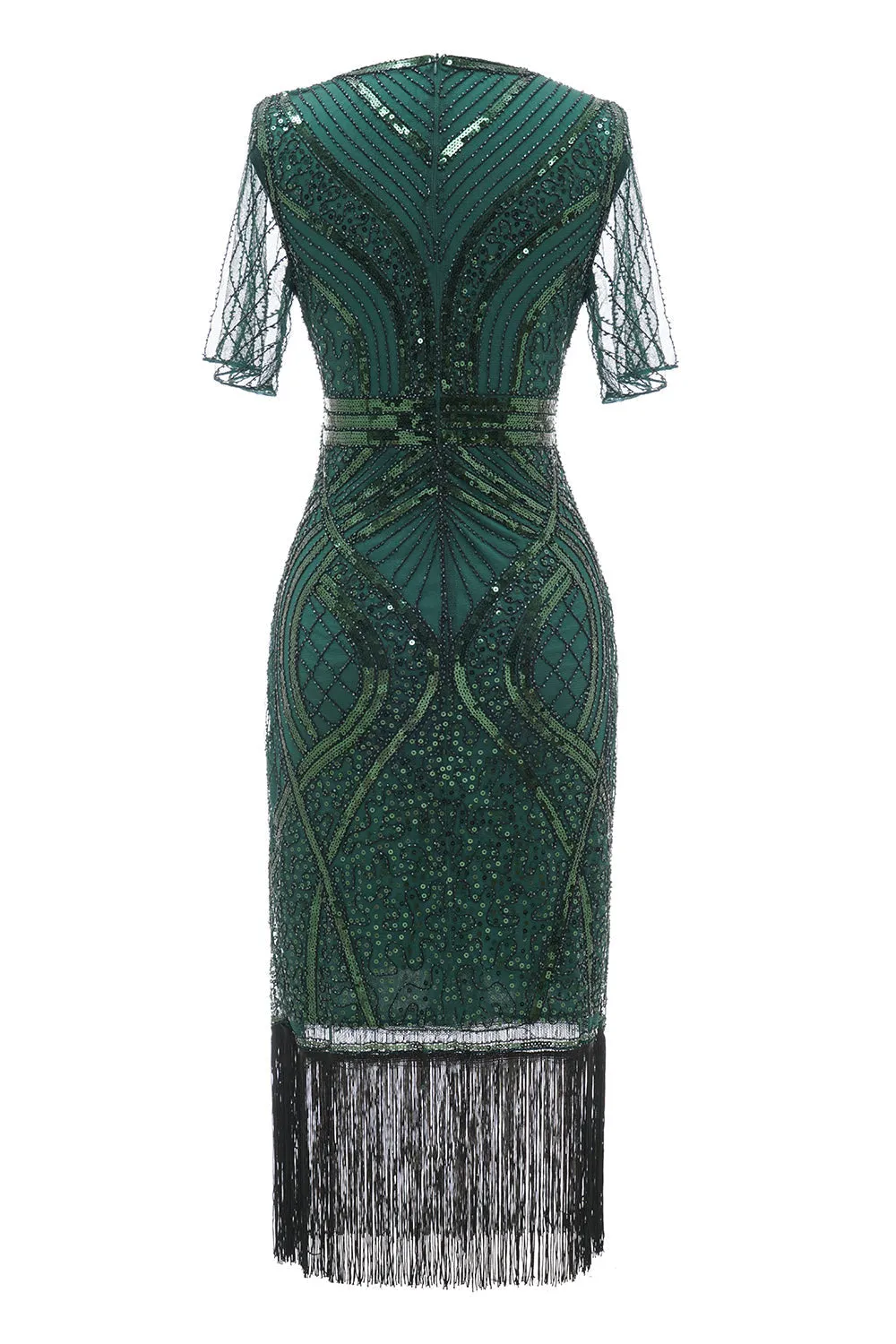 Abito verde scuro a maniche corte 1920 con frange