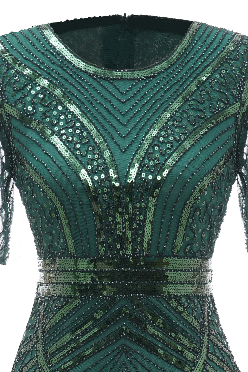 Abito verde scuro a maniche corte 1920 con frange