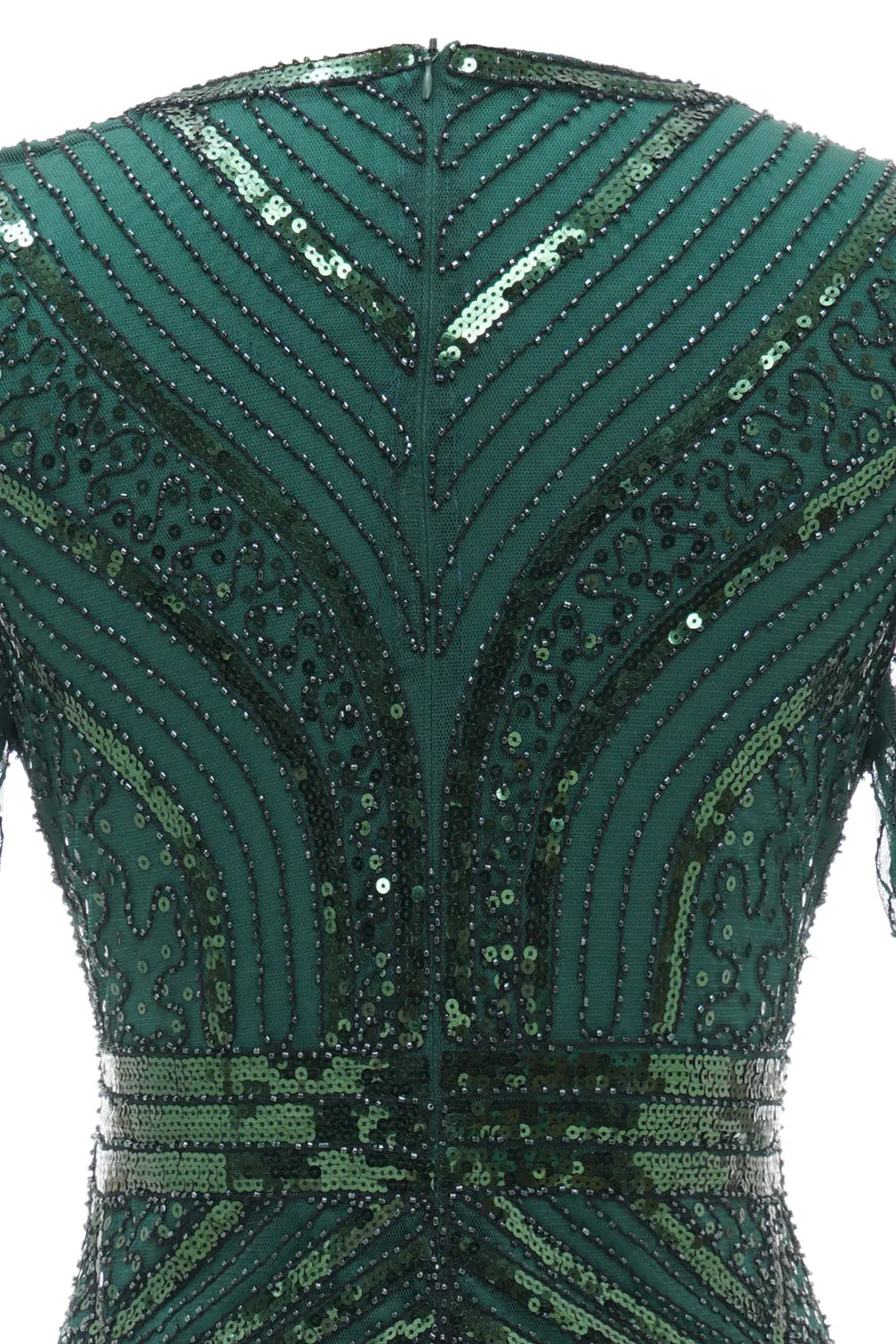 Abito verde scuro a maniche corte 1920 con frange