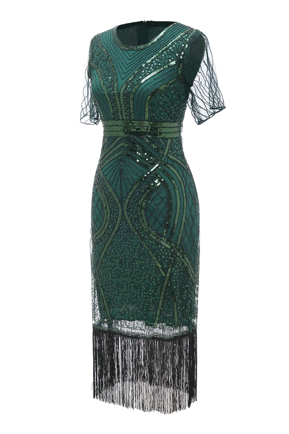 Abito verde scuro a maniche corte 1920 con frange