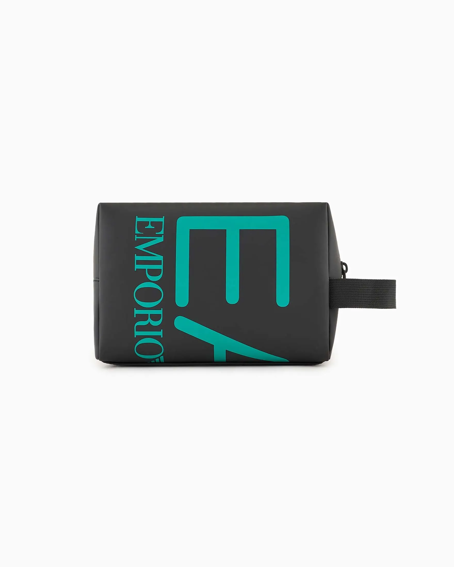 Beaty case nero in tessuto gommato con maxi logo verde
