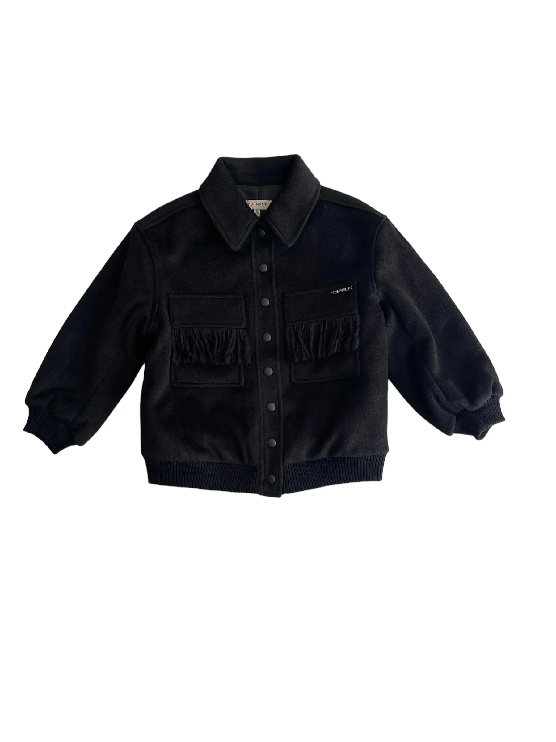 Bomber nero in panno con frange