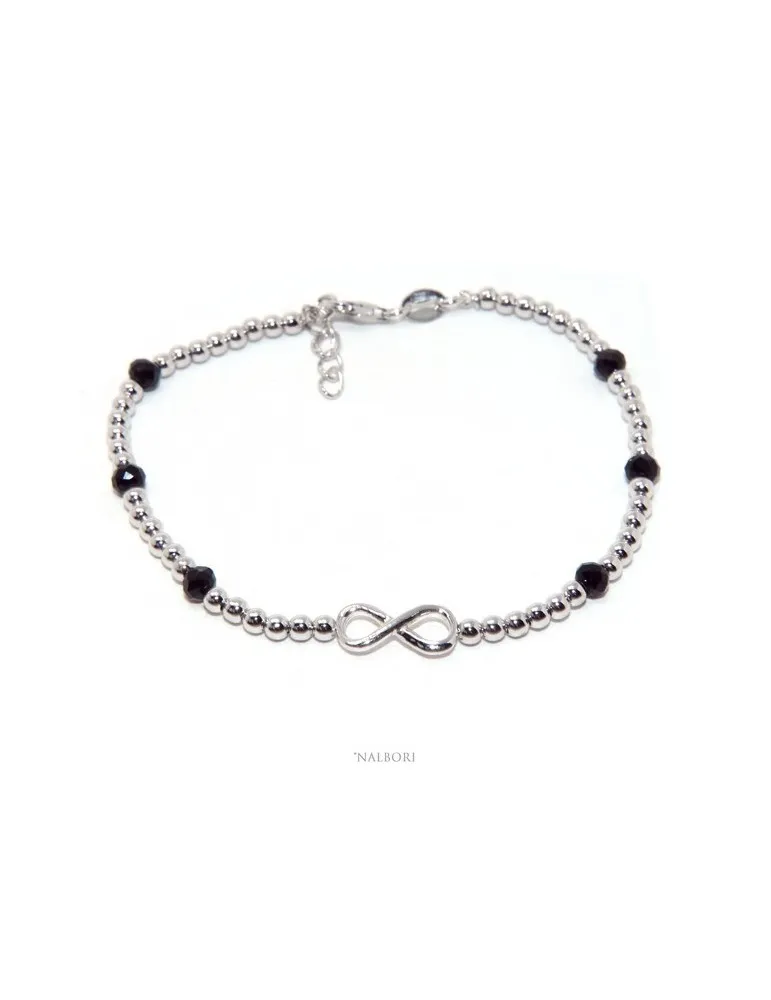 Bracciale uomo Argento 925 cristallo nero palline infinito 18,50 - 21 cm