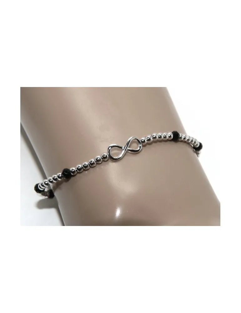 Bracciale uomo Argento 925 cristallo nero palline infinito 18,50 - 21 cm