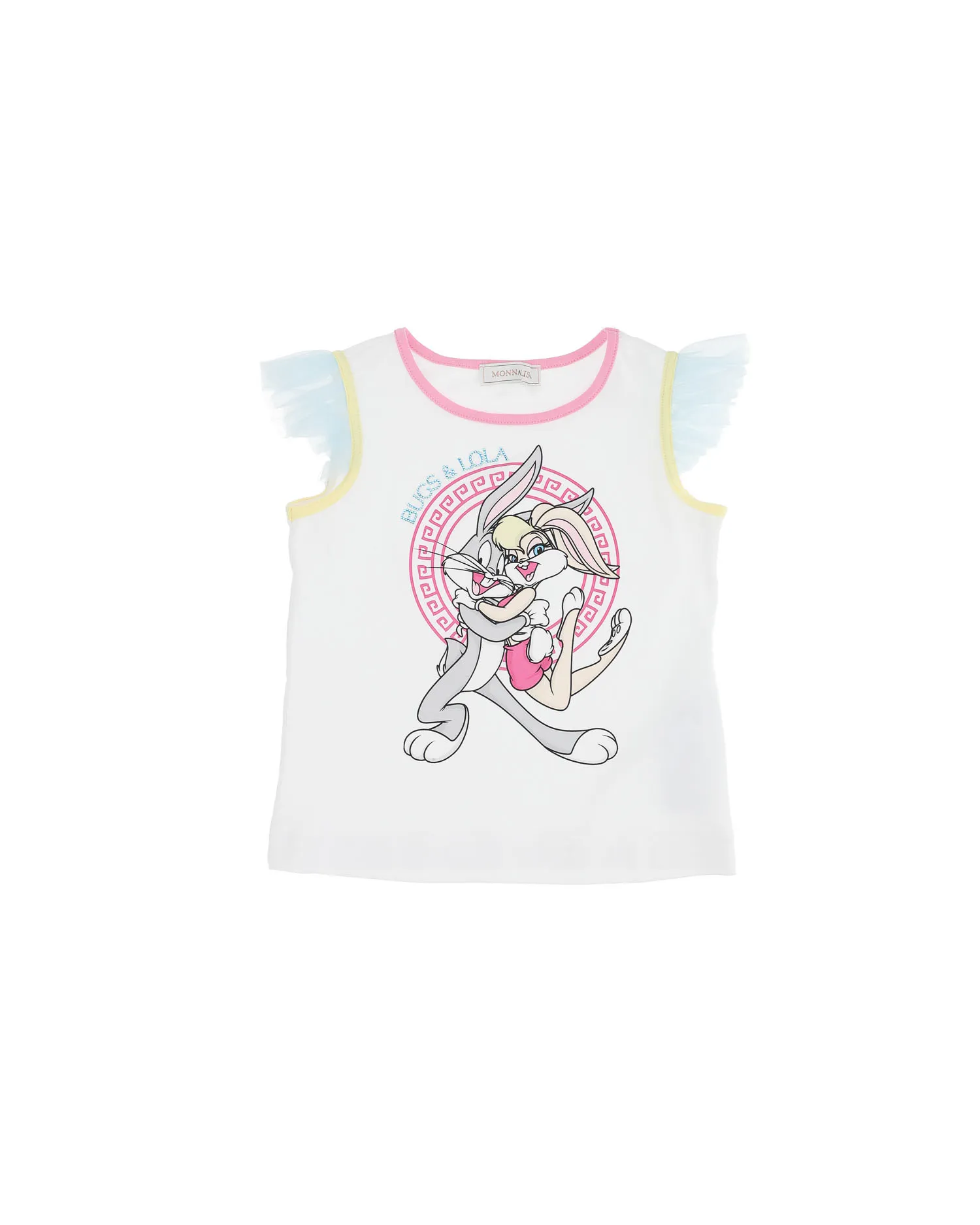 Canotta girocollo bianca in cotone con manica ad aletta in tulle e stampa 'Bugs & Lola' 6-12 anni