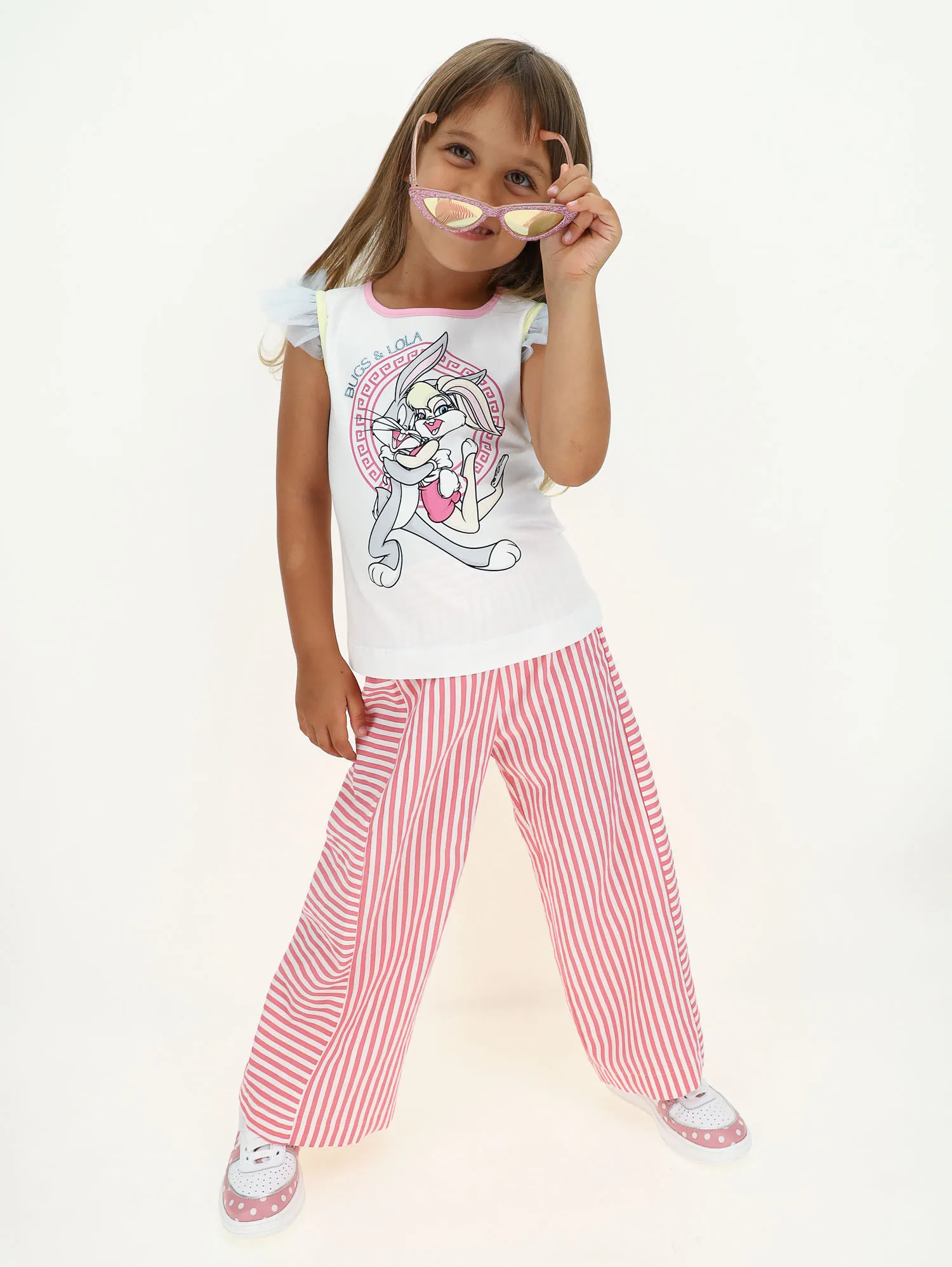 Canotta girocollo bianca in cotone con manica ad aletta in tulle e stampa 'Bugs & Lola' 6-12 anni