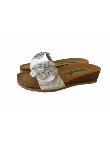 Ciabatta  BioNatura 12 ambra strap pellame naturale Bianco Argento cuoio suola confort