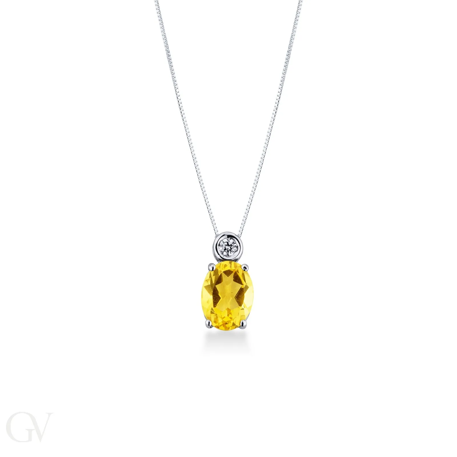Collana con pendente in oro bianco 18k con diamante e citrino ovale