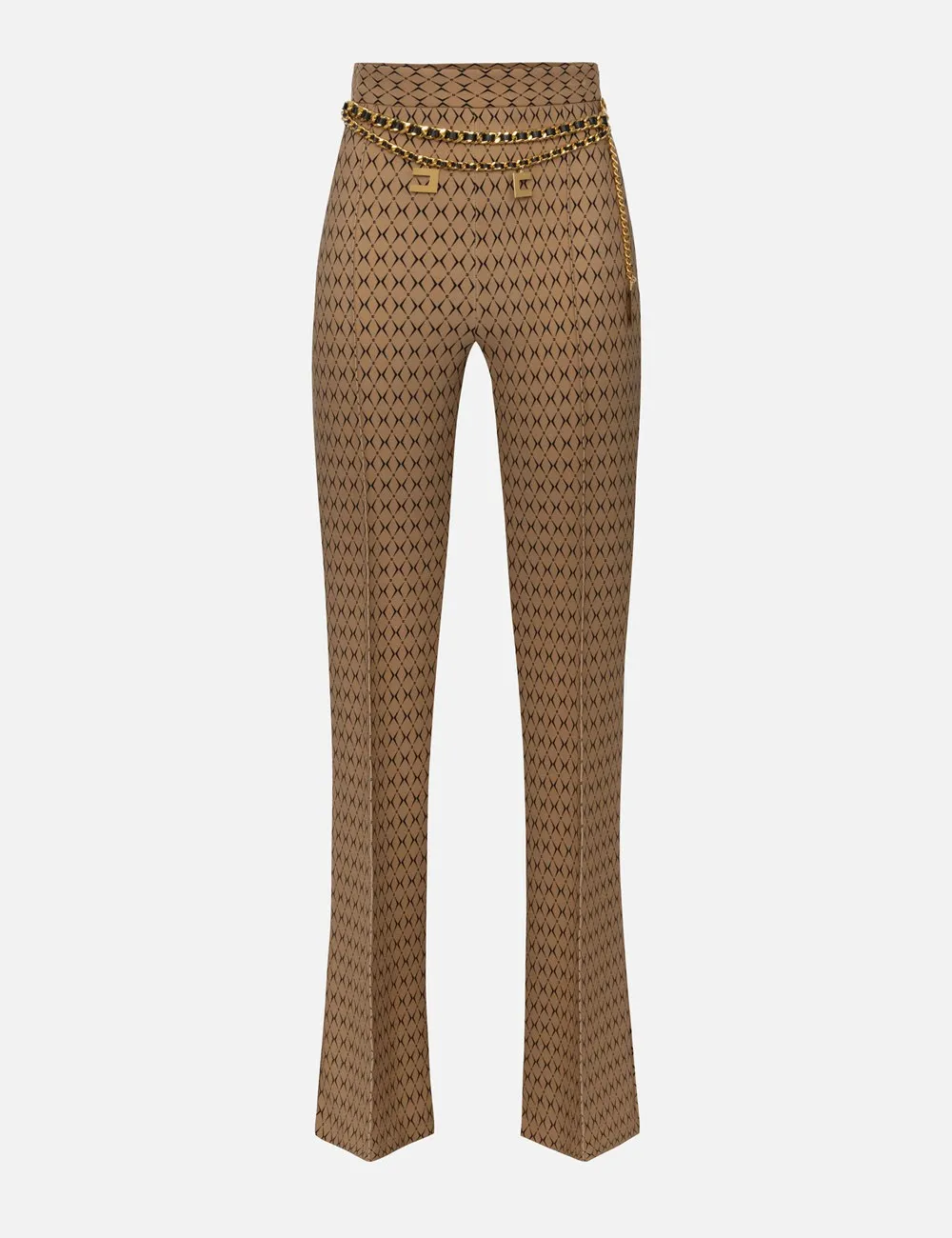 Crêpe palazzo trousers with diamond print and chain camel black