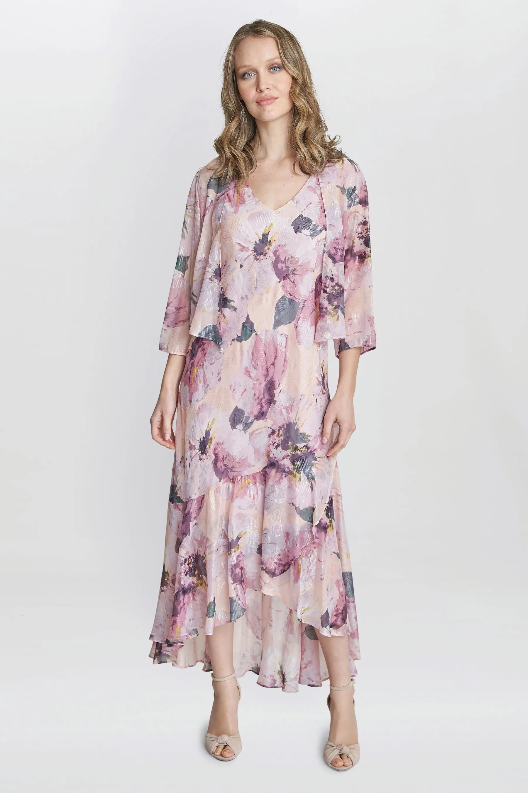 Gina Bacconi Rosa - Nadia - Abito midi in chiffon stampato con Giacca