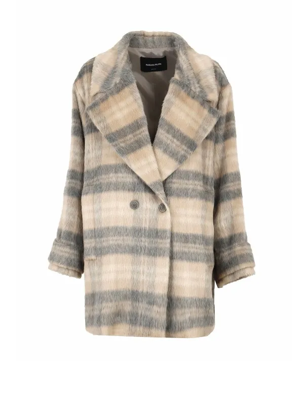 Gray pink checked double-breasted coat