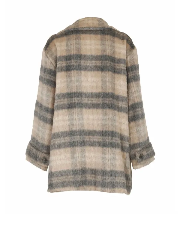 Gray pink checked double-breasted coat