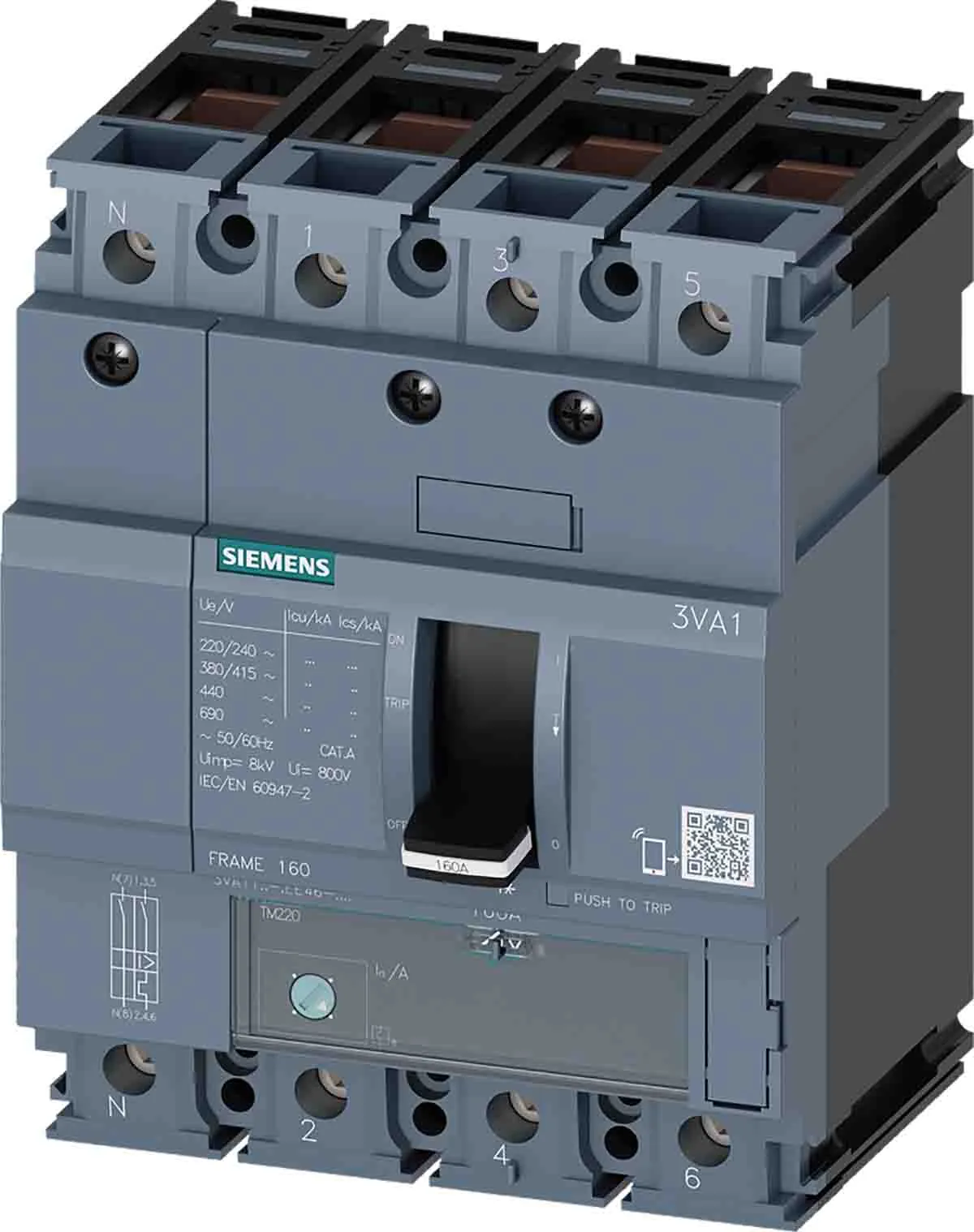 Interruttore magnetotermico scatolato 3VA1110-5EE46-0AA0, 4, 100A, 690V, potere di interruzione 55 kA, Fissa