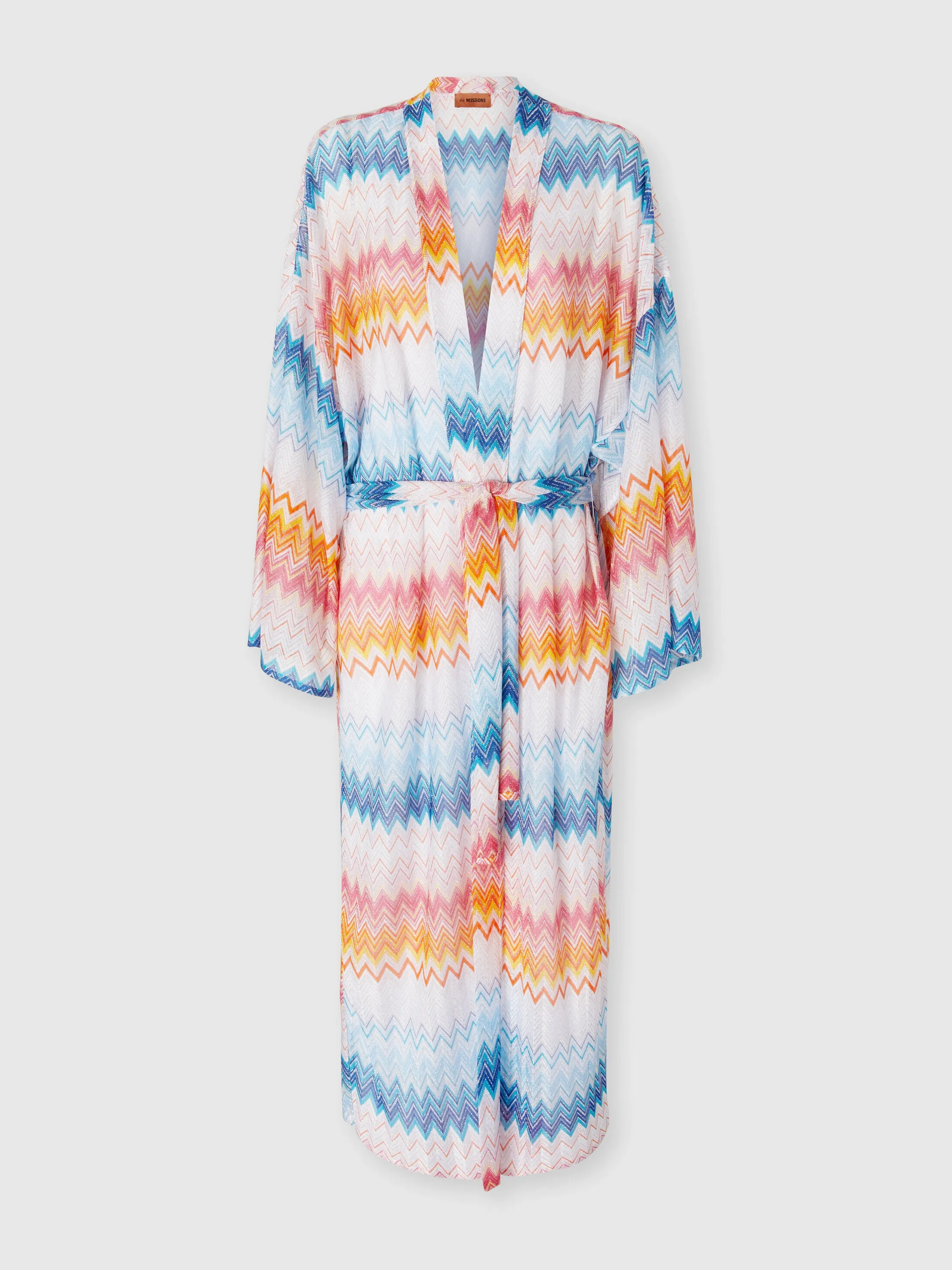 Kimono copricostume in misto viscosa zig zag lamé con cintura in vita