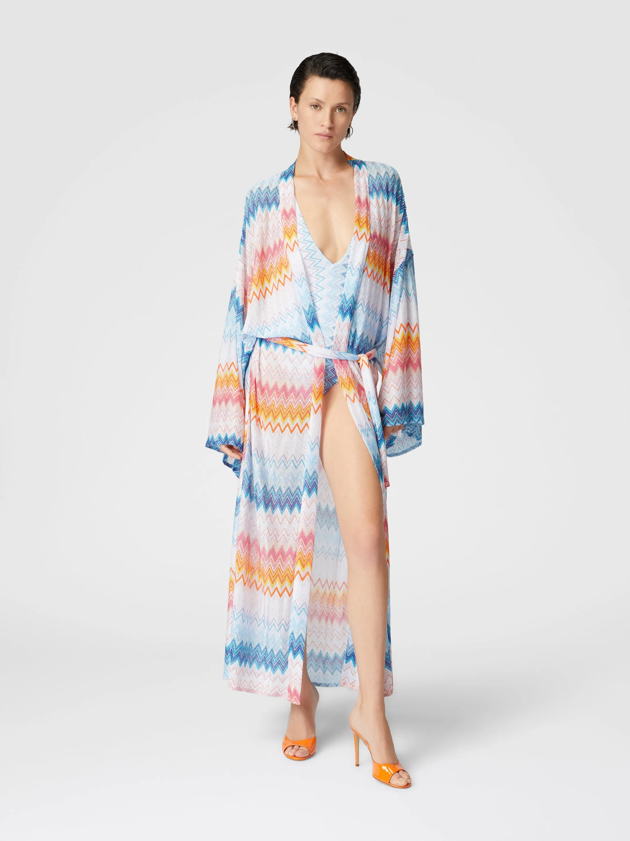 Kimono copricostume in misto viscosa zig zag lamé con cintura in vita