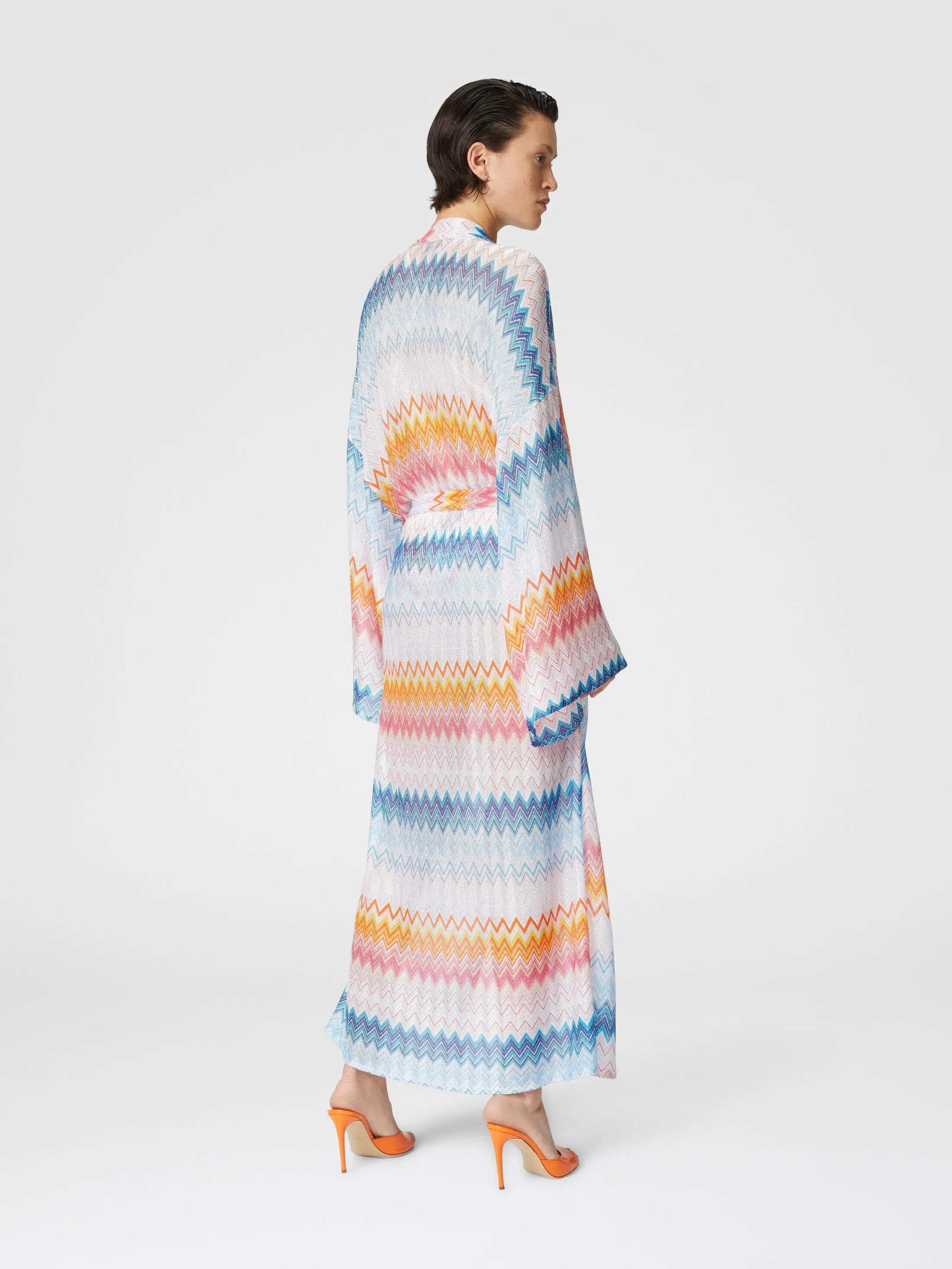 Kimono copricostume in misto viscosa zig zag lamé con cintura in vita