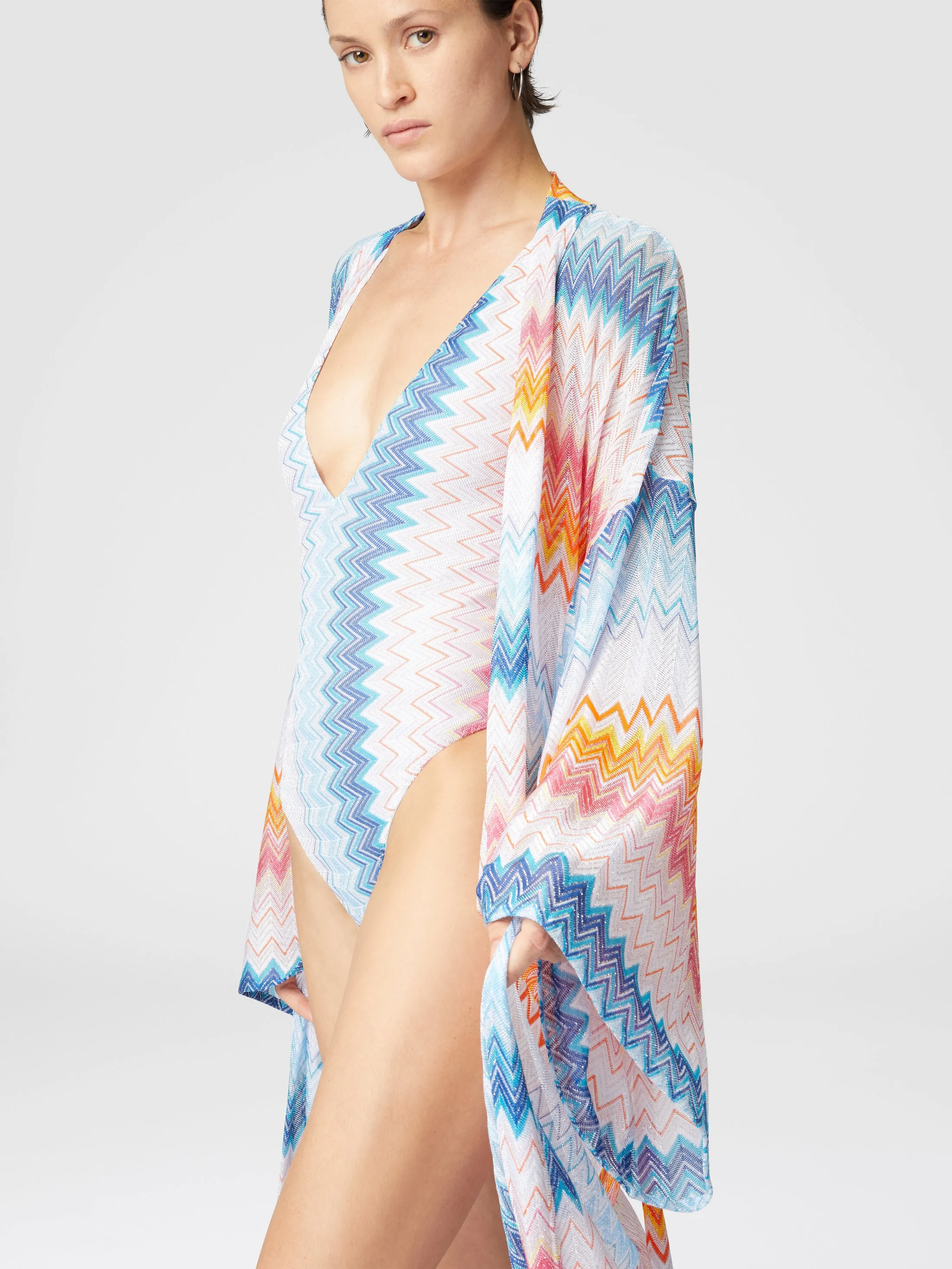 Kimono copricostume in misto viscosa zig zag lamé con cintura in vita
