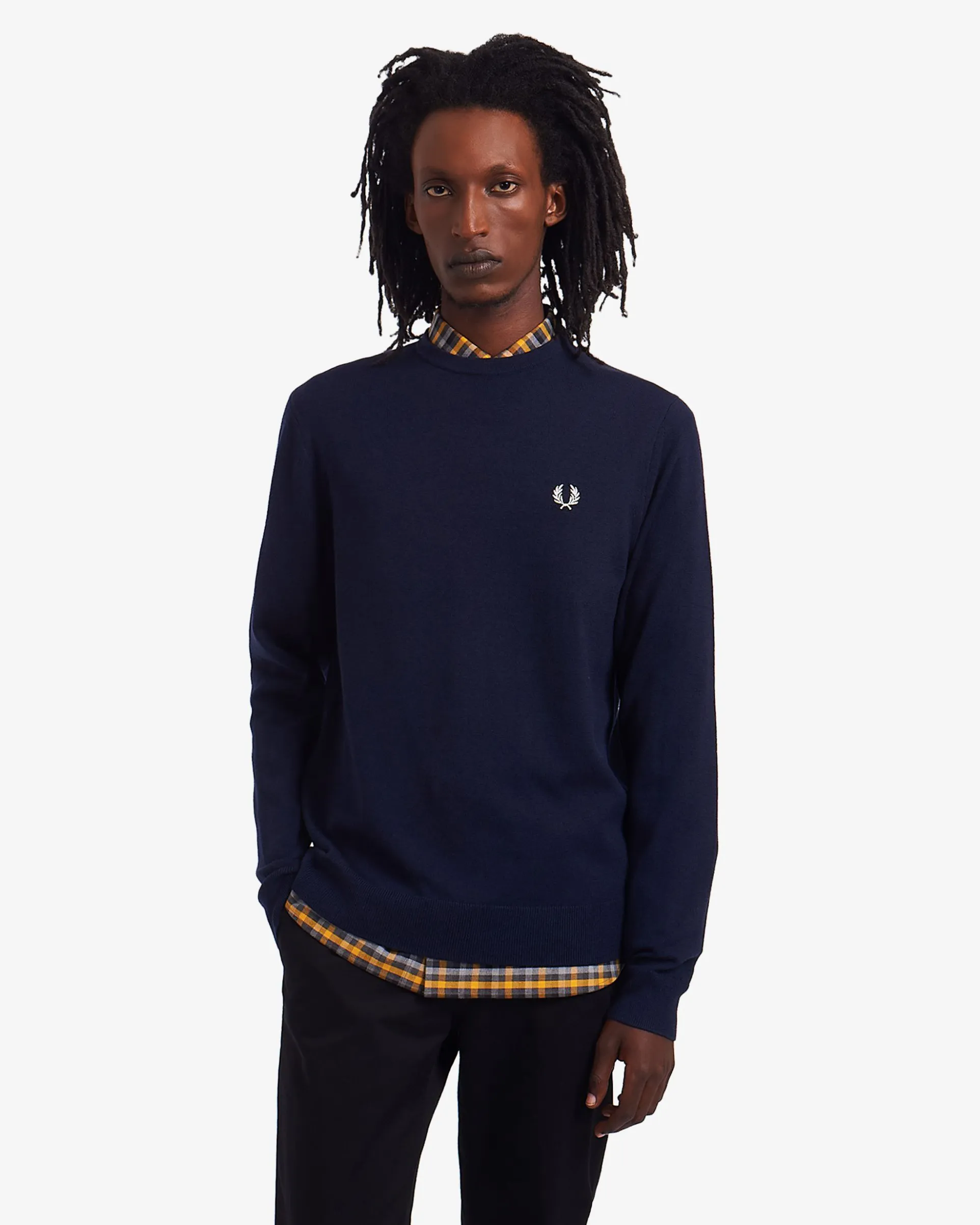 Maglia blu girocollo in misto lana e cotone con logo bianco