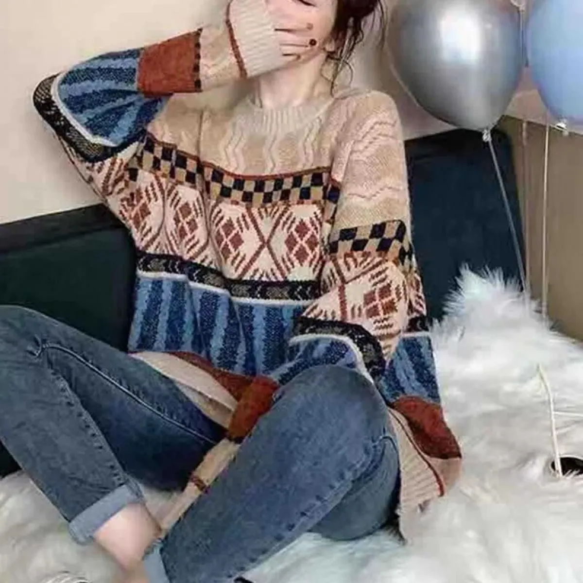 Maglione Retro Chic Splicing Color Abbigliamento caldo invernale Pullover lavorato a maglia per maglione da donna