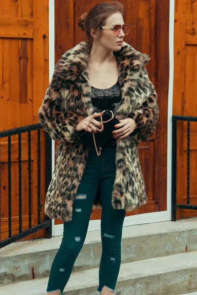 Marrone Leopard Lapel Neck Midi Pelliccia Sintetica Shearling Cappotto