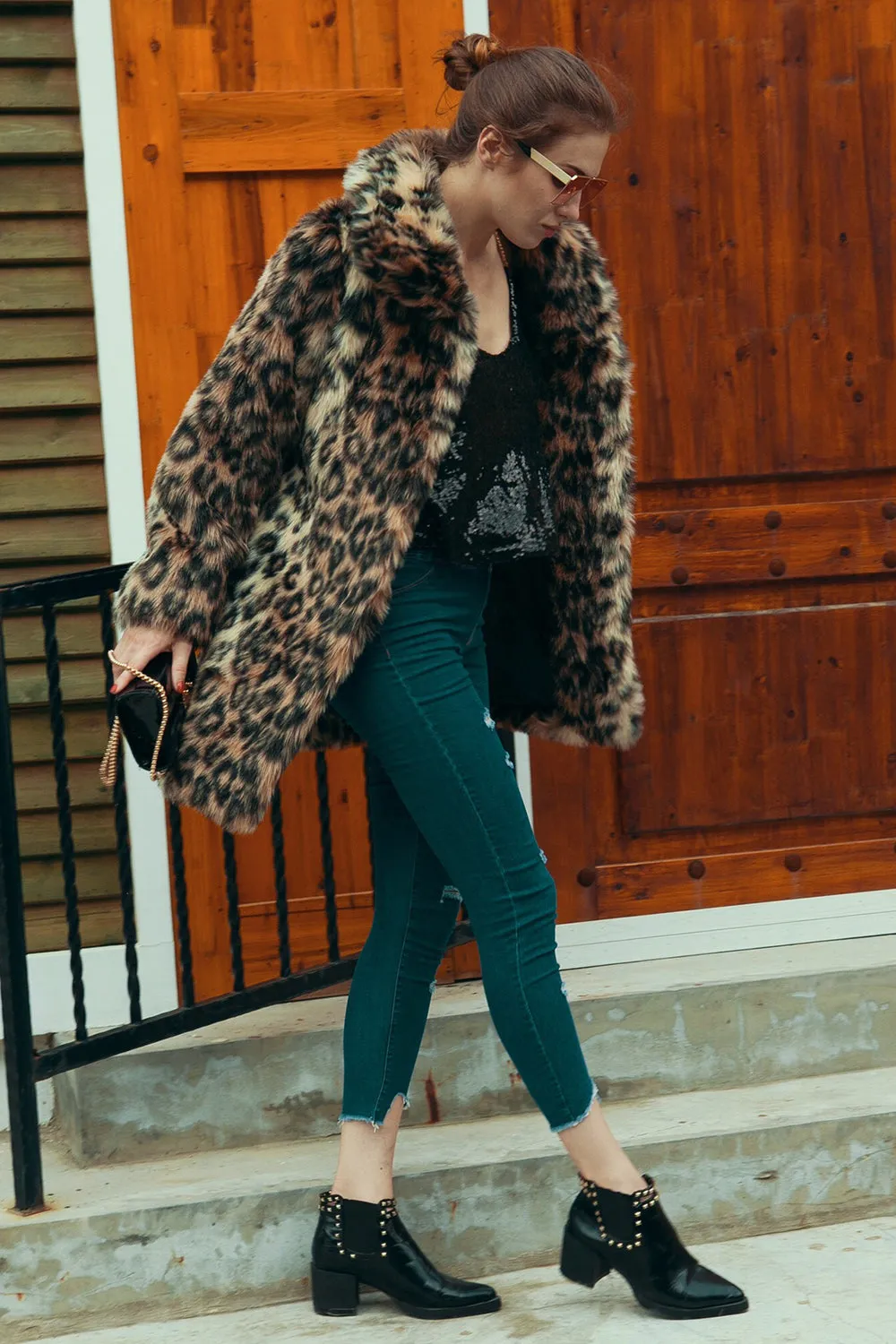 Marrone Leopard Lapel Neck Midi Pelliccia Sintetica Shearling Cappotto