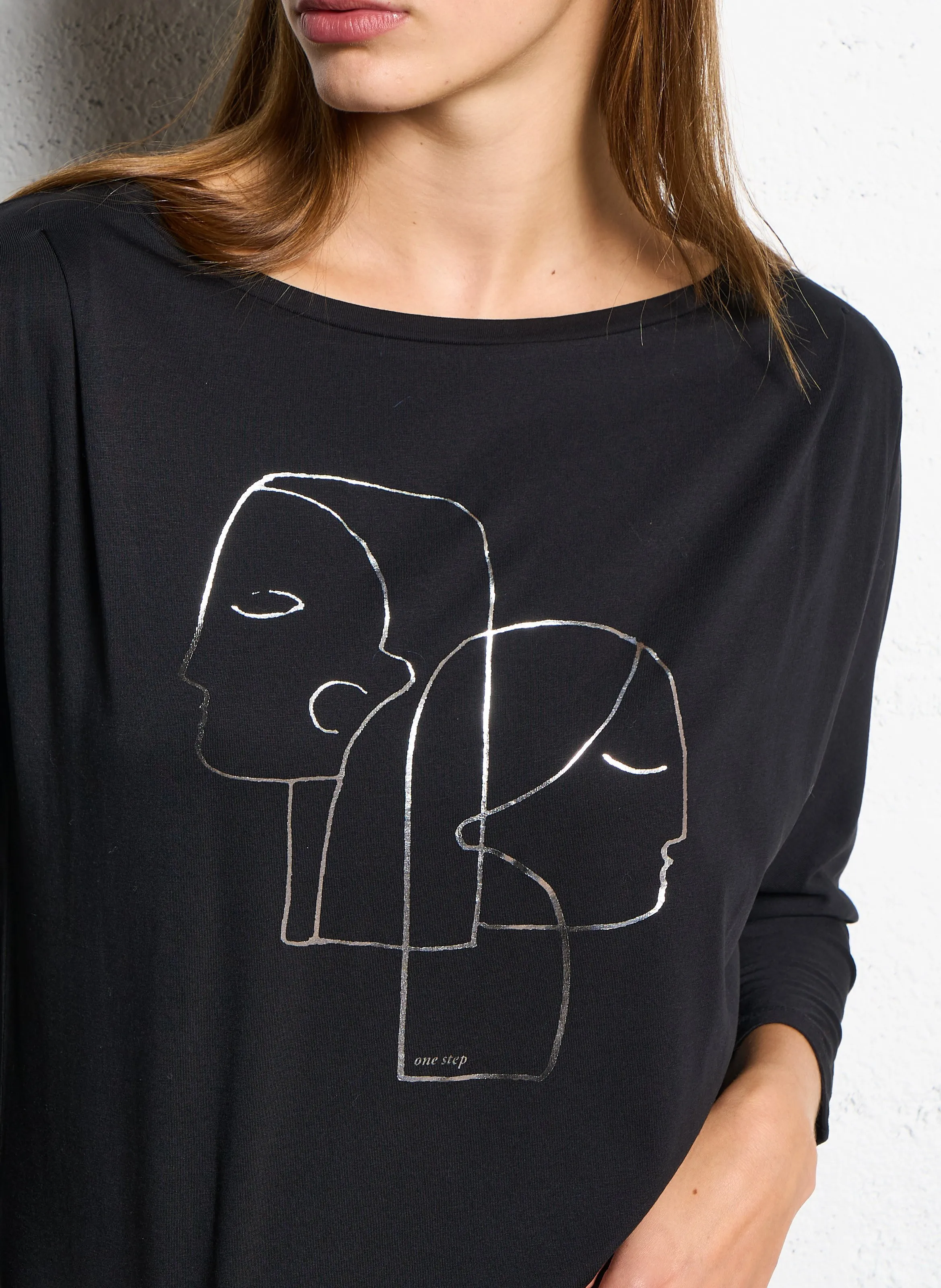  ONE STEP   MARNIE - T-shirt collo a barchetta in misto cotone | Nero
