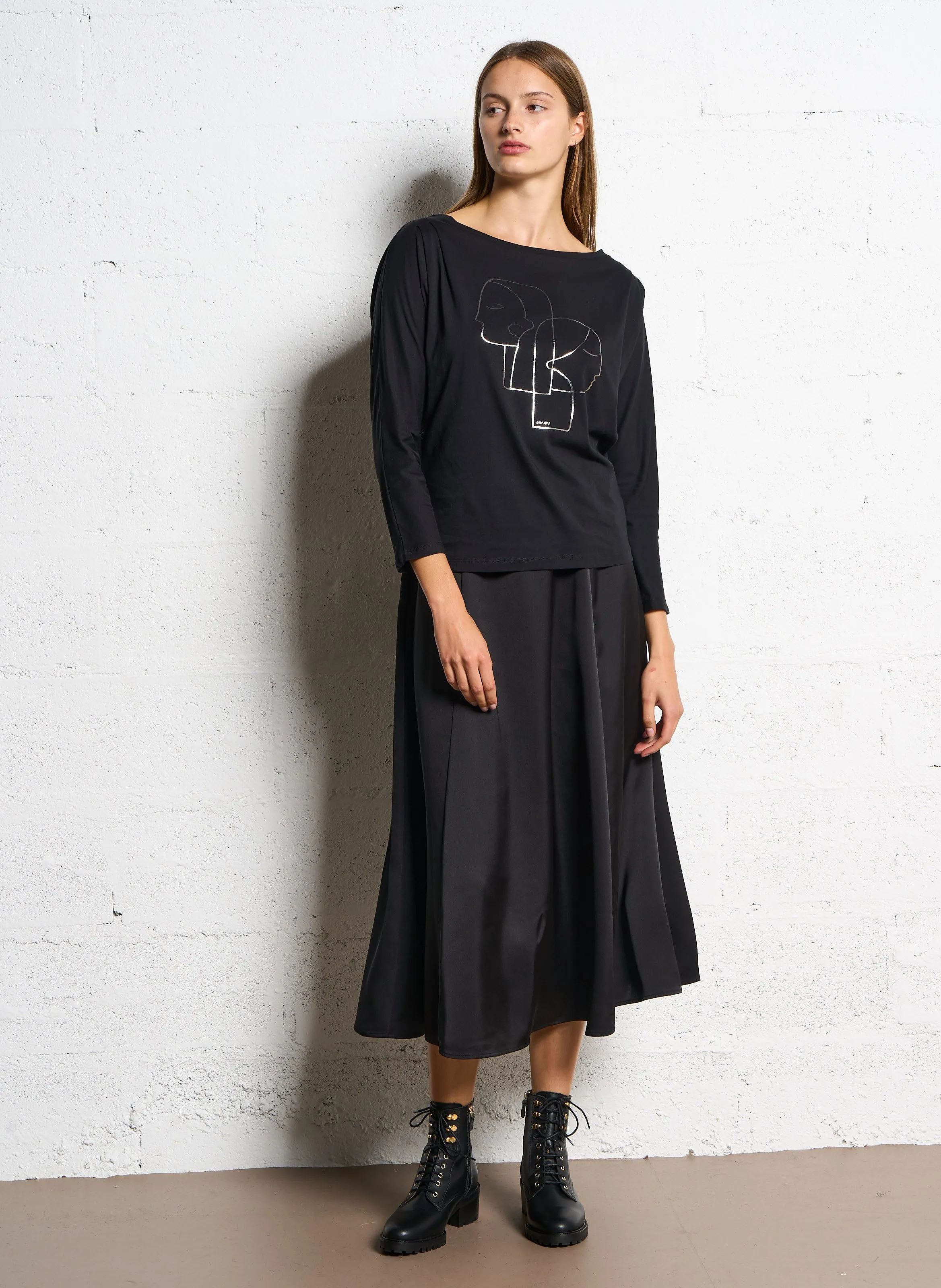  ONE STEP   MARNIE - T-shirt collo a barchetta in misto cotone | Nero
