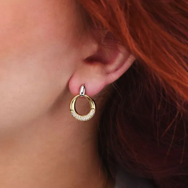 OR881D Orecchini bicolor placcati oro giallo con modulo circolare grande pendente pavettato    