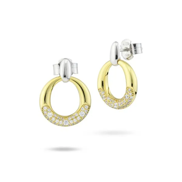OR881D Orecchini bicolor placcati oro giallo con modulo circolare grande pendente pavettato    