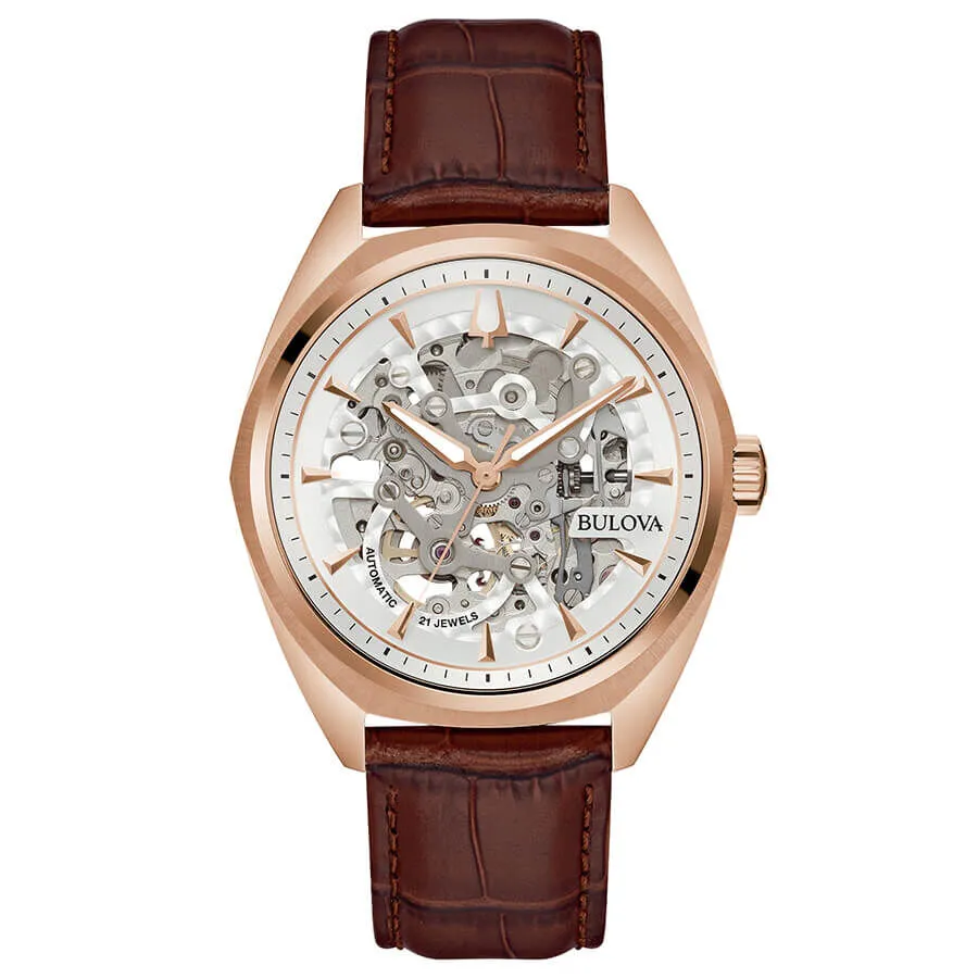 Orologio Automatico Bulova Surveyor 97a175 Cassa Rotonda Acciaio Rosato 41 mm Quadrante Bianco Cinturino Pelle Marrone
