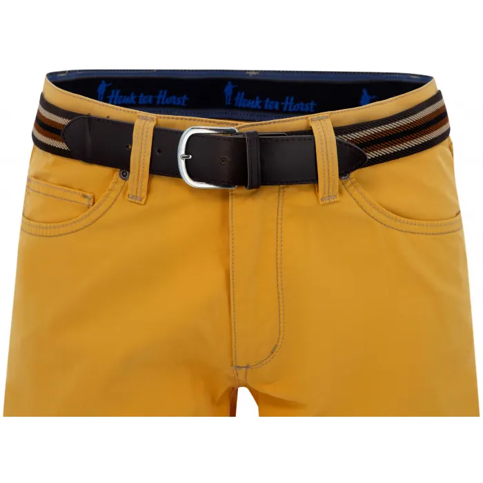 Pantalone estivo Exner da uomo in cotone elasticizzato con elastico in vita, finemente punteggiato Giallo ocra