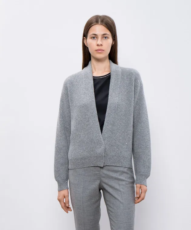 Peserico Cardigan grigio in lana e cashmere con lurex e paillettes S99622F0709253