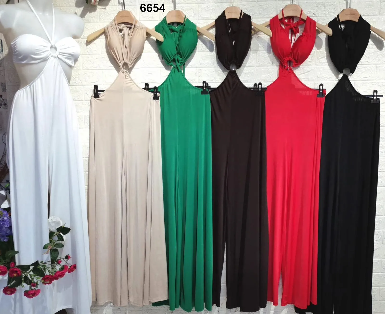 Tuta Elegante Intera Cut Out Schiena Scoperta Jumpsuit Allacciata al Collo Casual in 6 Colori - 6654