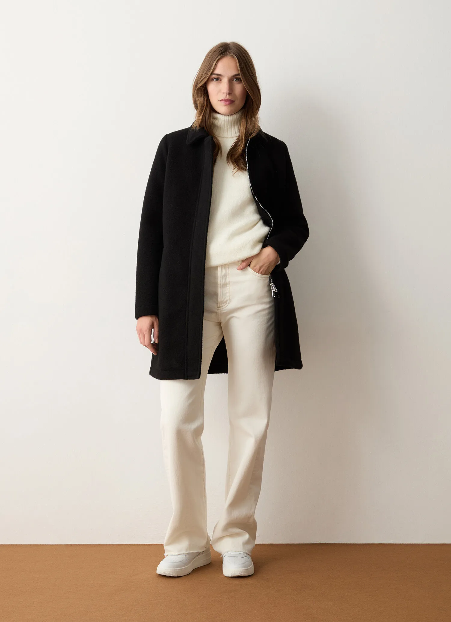 Wool baize coat with zip